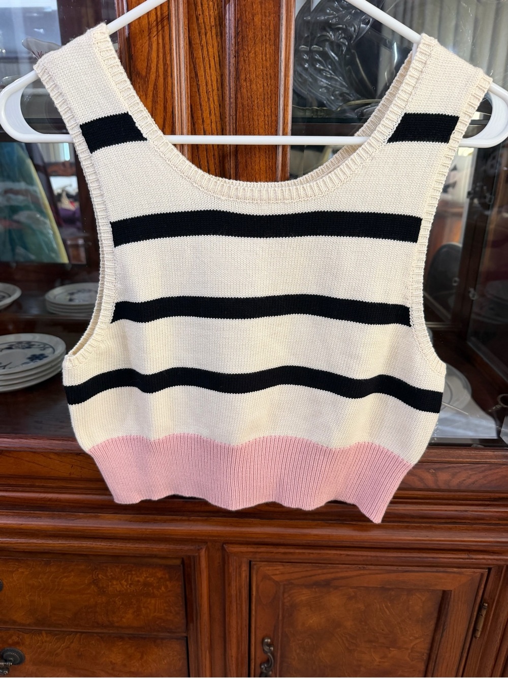 Striped Knit Cropped Tank Top - Cream, Black & Pink